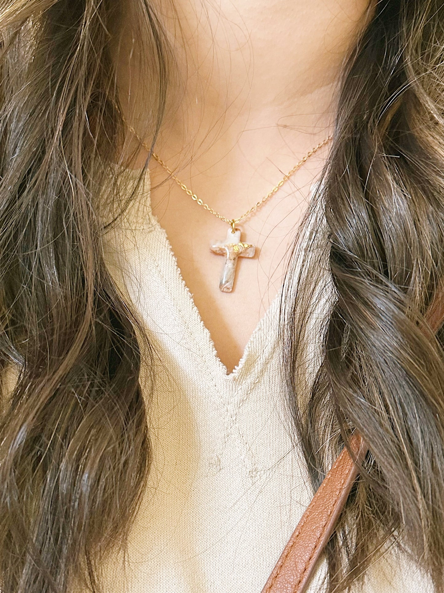 Marbled Mocha Cross Necklace